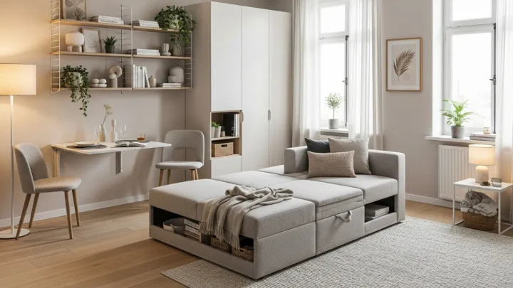 Sprytne wykorzystanie przestrzeni w salonie w bloku